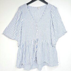 Cato White Blue Stripe Linen Flutter Sleeve Button Front Flowy Babydoll Top